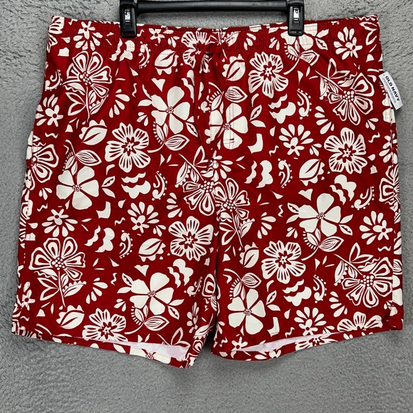 Old Navy Mens Swim Trunks 2XLT Tall Red White Floral Mesh Lined Board Shorts NEW - Picture 1 of 8